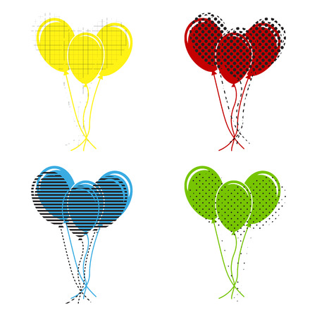 Balloons set sign. Vector. Yellow, red, blue, green icons with their black texture at white background.のイラスト素材