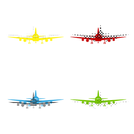 Flying Plane sign. Front view. Vector. Yellow, red, blue, green icons with their black texture at white background.のイラスト素材