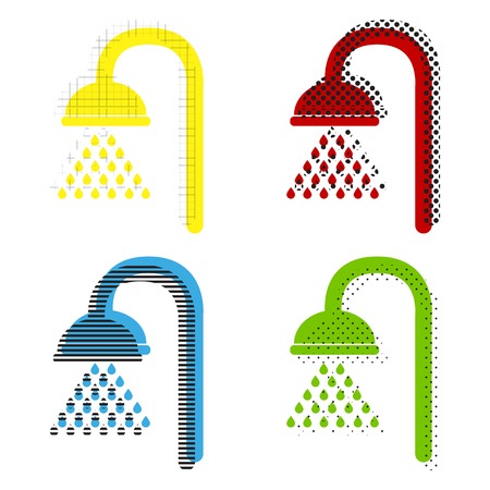 Shower sign. Vector. Yellow, red, blue, green icons with their black texture at white background.のイラスト素材