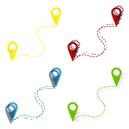 Location pin navigation map, gps sign. Vector. Yellow, red, blue, green icons with their black texture at white background.のイラスト素材