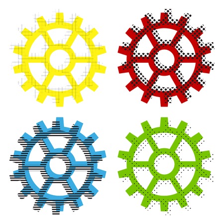 Gear sign. Vector. Yellow, red, blue, green icons with their black texture at white background.のイラスト素材