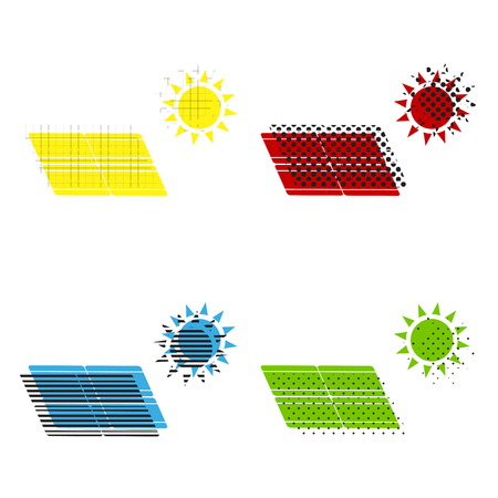 Solar energy panel. Eco trend concept sign. Vector. Yellow, red, blue, green icons with their black texture at white background.のイラスト素材