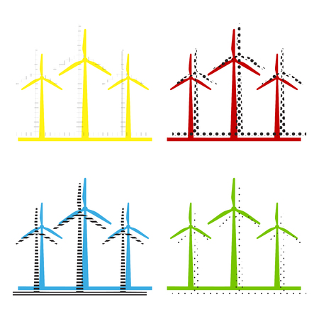 Wind turbines sign. Vector. Yellow, red, blue, green icons with.のイラスト素材