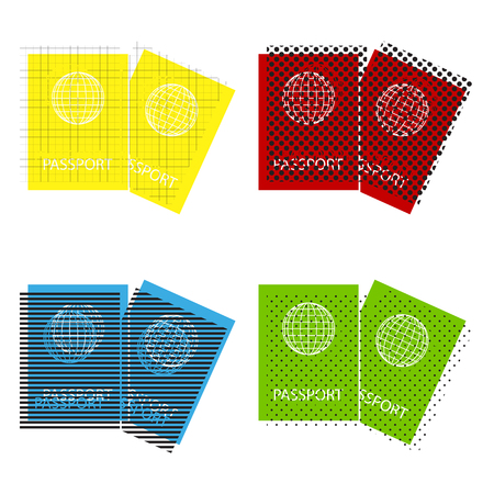 Two passports sign illustration vector in yellow, red, blue and green colors.のイラスト素材