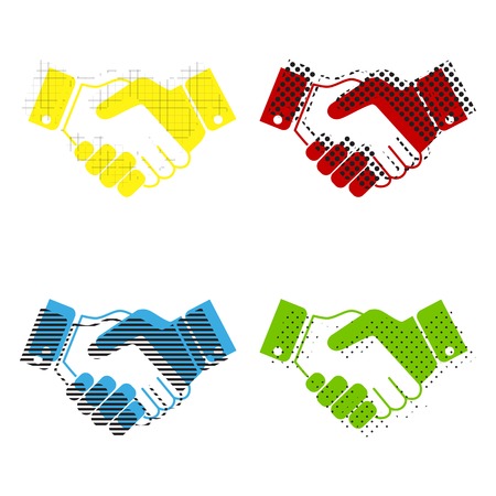 Business handshake   contract agreement sign illustration. Vector Yellow, red, blue, green icons with their black texture at white background.のイラスト素材