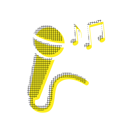 Microphone with musical notes in yellow and black icon with square pattern.のイラスト素材