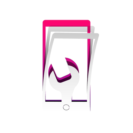 Phone icon with settings. Vector. Detachable paper with shadow at underlying layer with magenta-violet background.のイラスト素材