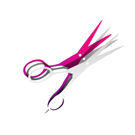 Hair cutting scissors sign. Vector. Detachable paper with shadow at underlying layer with magenta-violet background.のイラスト素材