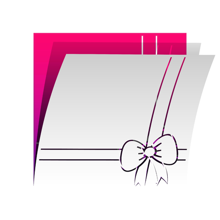 Gift box sign illustration. Vector. Detachable paper with shadow at underlying layer with magenta-violet background.のイラスト素材