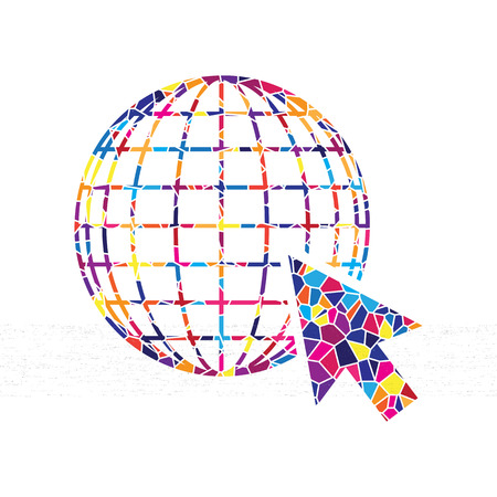 Earth Globe with cursor. Vector. Stained glass icon on white background. Colorful polygons. Isolated.のイラスト素材
