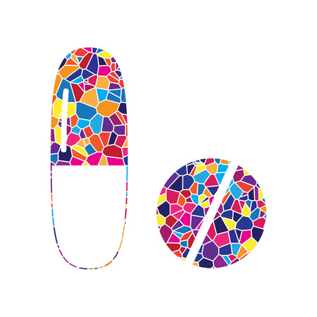 Medical pills sign. Vector. Stained glass icon on white background. Colorful polygons. Isolated.のイラスト素材
