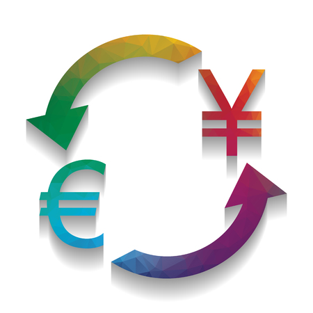 Currency exchange sign. Euro and Japan Yen. Vector. Colorful icon with bright texture of mosaic with soft shadow on white background. Isolated.のイラスト素材