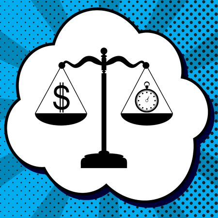 Stopwatch and dollar symbol on scales. Vector. Black icon in bubble on blue pop-art background with rays.のイラスト素材
