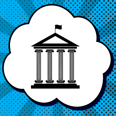 Historical building with flag. Vector. Black icon in bubble on blue pop-art background with rays.のイラスト素材