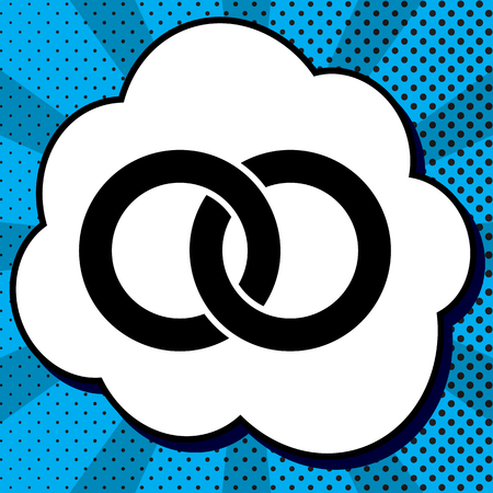 Wdding rings sign illustration. Vector. Black icon in bubble on blue pop-art background with rays.のイラスト素材
