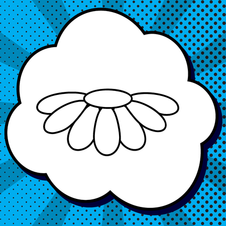 Fower Chamomile sign illustration. Vector. Black icon in bubble on blue pop-art background with rays.のイラスト素材