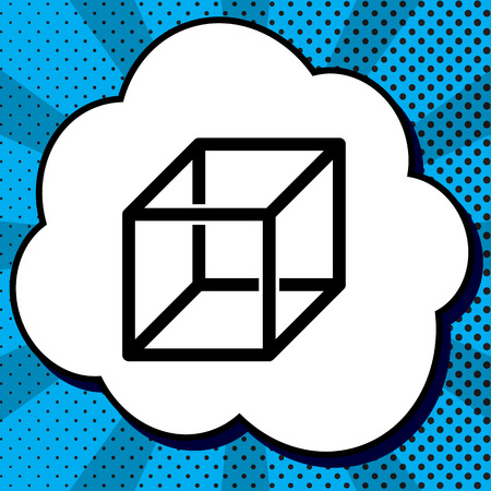 Wired cube sign with visisble ribs. Vector. Black icon in bubble on blue pop-art background with rays.のイラスト素材