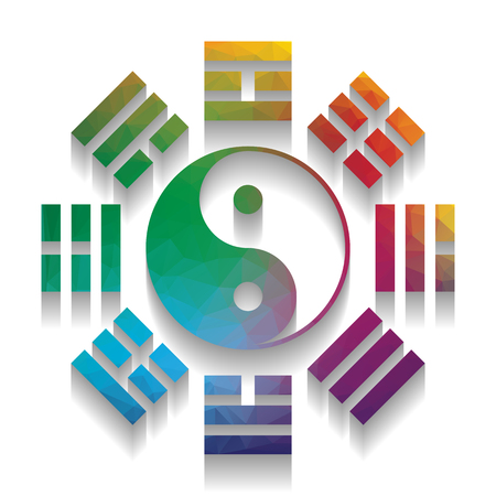 Yin and yang sign with bagua arrangement. Vector. Colorful icon with bright texture of mosaic with soft shadow on white background. Isolated.のイラスト素材