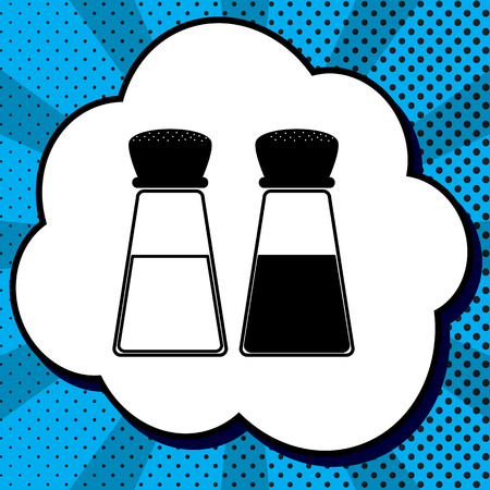Salt and pepper sign. Vector. Black icon in bubble on blue pop-art background with rays.のイラスト素材