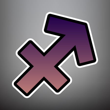 Sagittarius sign illustration. Vector. Violet gradient icon with black and white linear edges at gray background.のイラスト素材