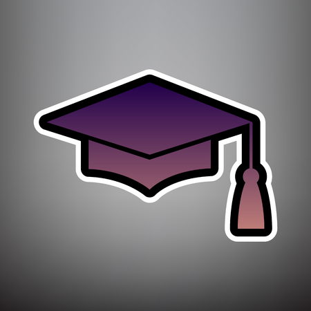 Mortar Board or Graduation Cap, Education symbol. Vector. Violet gradient icon with black and white linear edges at gray background.のイラスト素材