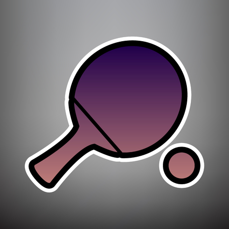 Ping pong paddle with ball. Vector. Violet gradient icon with black and white linear edges at gray background.のイラスト素材