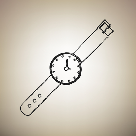 Watch sign illustration. Vector. Brush drawed black icon at light brown background.のイラスト素材