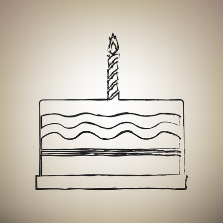 Birthday cake sign. Vector. Brush drawed black icon at light brown background.のイラスト素材