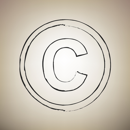 Copyright sign illustration. Vector. Brush drawed black icon at light brown background.のイラスト素材