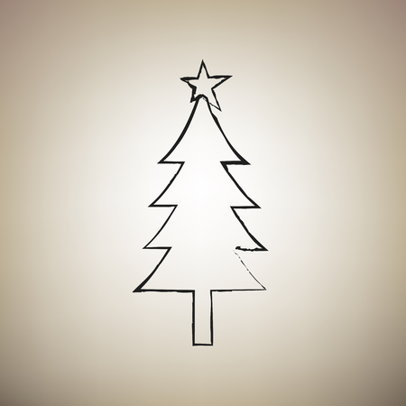 New year tree sign. Vector. Brush drawed black icon at light brown background.のイラスト素材