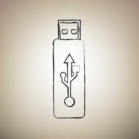 USB flash drive sign. Vector. Brush drawed black icon at light brown background.のイラスト素材