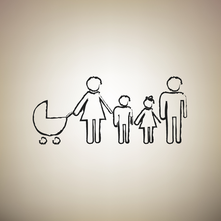Family sign illustration. Vector. Brush drawed black icon at light brown background.のイラスト素材