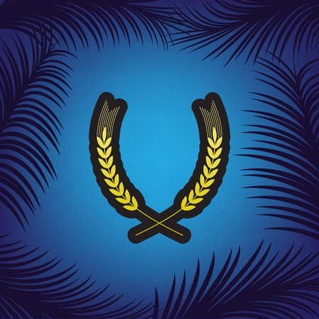 Wheat sign illustration. Spike. Spica. Vector. Golden icon with black contour at blue background with branches of palm trees.のイラスト素材