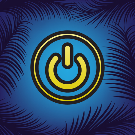 On Off switch sign. Vector. Golden icon with black contour at blue background with branches of palm trees.のイラスト素材