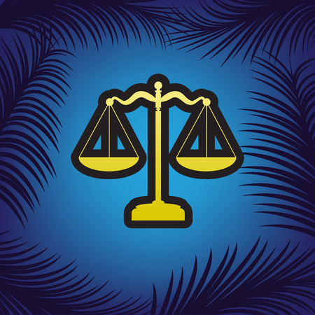 Scales balance sign. Vector. Golden icon with black contour at blue background with branches of palm trees.のイラスト素材