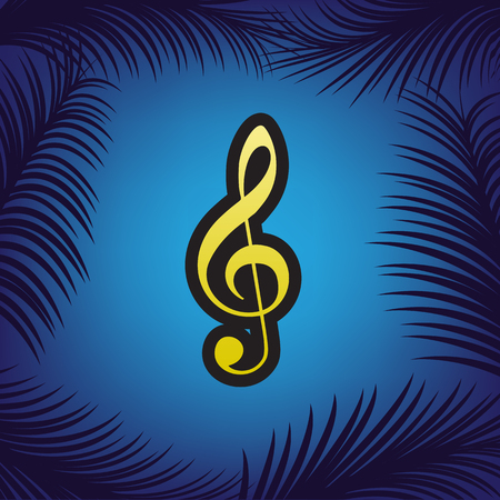 Music violin clef sign. G-clef. Treble clef. Vector. Golden icon with black contour at blue background with branches of palm trees.のイラスト素材