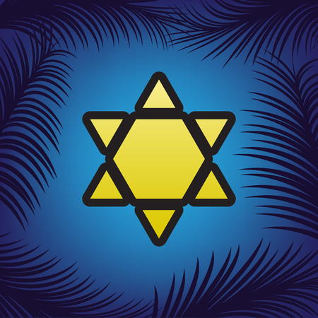 Shield Magen David Star Inverse. Symbol of Israel inverted. Vector. Golden icon with black contour at blue background with branches of palm trees.のイラスト素材
