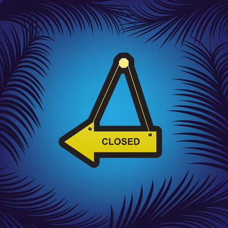 Closed sign illustration. Vector. Golden icon with black contour at blue background with branches of palm trees.のイラスト素材