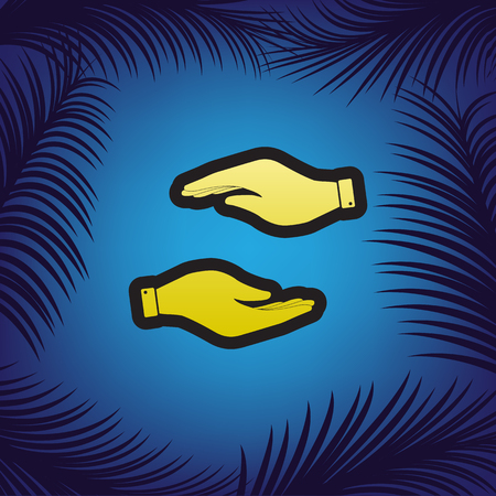 Hand sign illustration. Vector. Golden icon with black contour at blue background with branches of palm trees.のイラスト素材