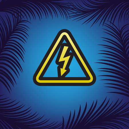High voltage danger sign. Vector. Golden icon with black contour at blue background with branches of palm trees.のイラスト素材
