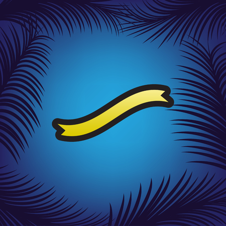 Banner ribbon sign. Vector. Golden icon with black contour at blue background with branches of palm trees.のイラスト素材