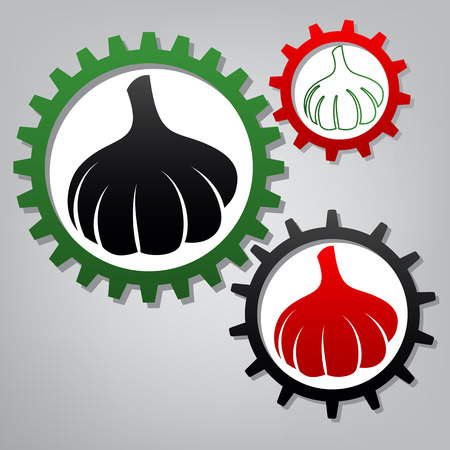 Garlic simple sign. Vector. Three connected gears with icons at grayish background.のイラスト素材