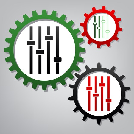 Adjustment music line sign. Vector. Three connected gears with icons at grayish background.のイラスト素材