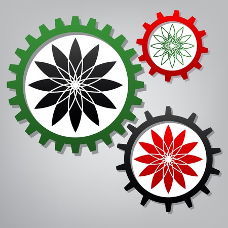 Flower sign. Vector. Three connected gears with icons at grayish background.のイラスト素材