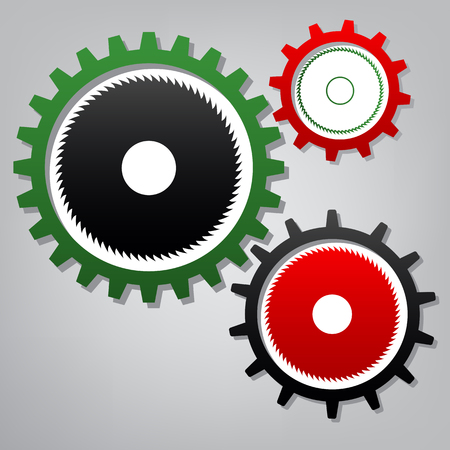 Saw sign. Vector. Three connected gears with icons at grayish background.のイラスト素材