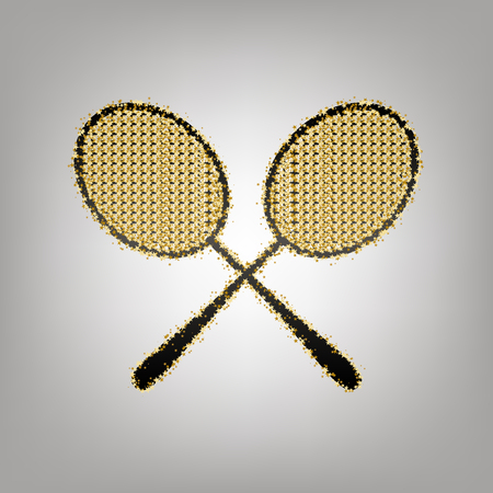 Two tennis racket sign. Vector. Blackish icon with golden stars at grayish background.のイラスト素材