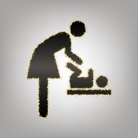 Women and baby symbol, baby changing. Vector. Blackish icon with golden stars at grayish background.のイラスト素材