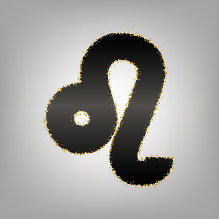 Leo sign illustration. Vector. Blackish icon with golden stars at grayish background.のイラスト素材