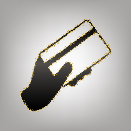 Hand holding a credit card. Vector. Blackish icon with golden stars at grayish background.のイラスト素材
