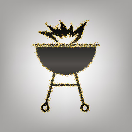 Barbecue with fire sign. Vector. Blackish icon with golden stars at grayish background.のイラスト素材